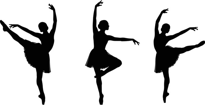 Collection, of, elegant, ballerina, silhouettes, performing, graceful, ballet, poses, and, movements, in, a, wide, panoramic, format, for, artistic, theater, design.
