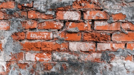 Obraz premium Full Frame Detailed Close Up Old Weathered Brick Wall Red Orange Bricks Peeling Grey White Plaster Rough Damaged Surface Uneven Mortar Lines Vintage Aged Decorative Background