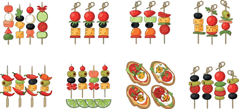 Set of assorted appetizer skewers and tapas with vegetables, cheese, olives and seafood isolated on white background vector illustration collection