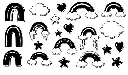 Cartoon rainbow sticker set cute cloud star heart magic colorful vector illustration isolated on white background © MD