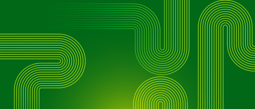 Modern green gradient background with wavy parallel lines. Geometric lime stripe pattern. Digital connectivity and eco technology concept. Minimalist backdrop for banner.