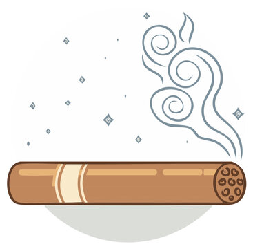 Cartoon lit cigar with stylized swirling smoke and sparkles vector illustration