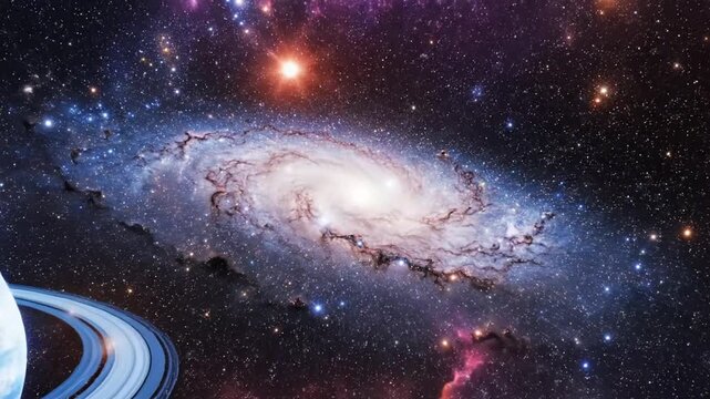 A stunning spiral galaxy with vibrant stars and celestial bodies swirls in deep space.