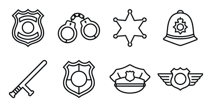 Set of eight police icons with captions police badge handcuffs sheriff star helmet baton shield police cap winged badge symbol.