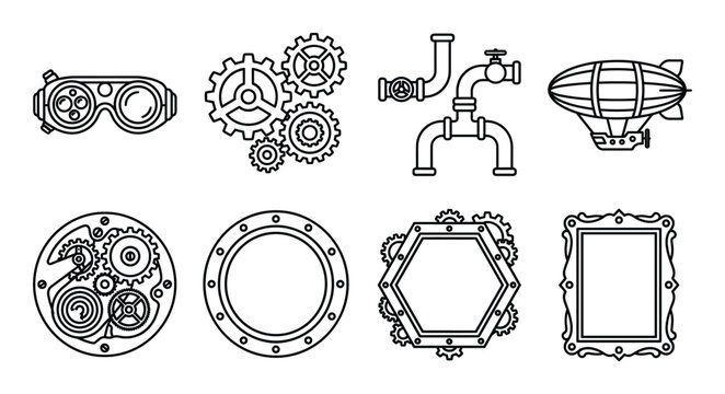Steampunk vector icons goggles gears pipes airship clockwork porthole frame industrial elements.