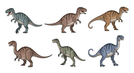 Collection of Six Different Dinosaur Illustrations on White Background. © Viva