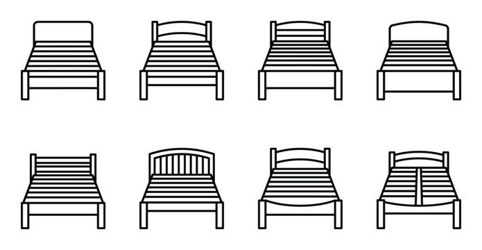 Various bed frame styles line art icons: modern, classic, wooden, simple, minimalist, ornate.