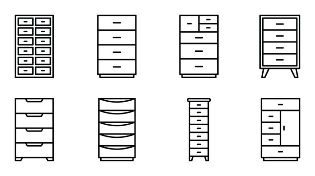 Various chest of drawers and drawer units icons for bedroom and office storage.