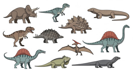 Collection of diverse prehistoric dinosaur species illustrated on a white background. © Viva