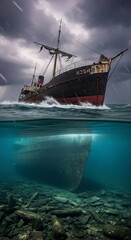 Obraz premium Old Shipwreck Sinking Beneath Turbulent Ocean Waves With Stormy Sky Above
