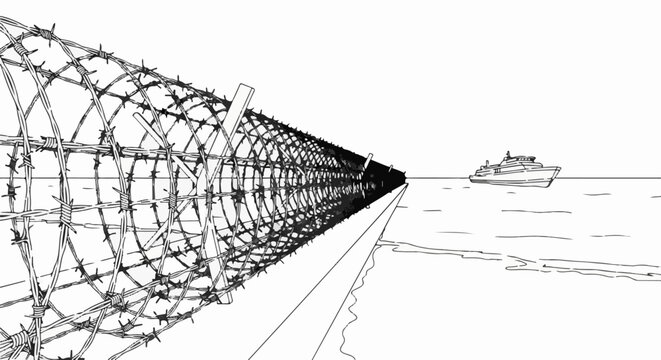 A sharp, barbed wire fence leads the eye towards a distant boat on the ocean