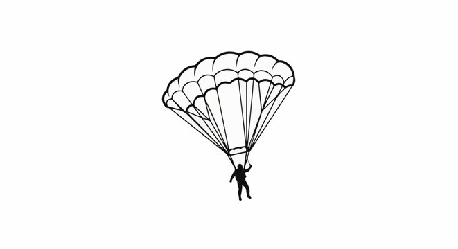 A silhouette of a skydiver descends under a detailed parachute against a white background