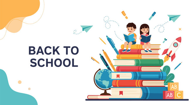Back to school banner featuring children sitting on a giant stack of books surrounded by educational icons and stationery.