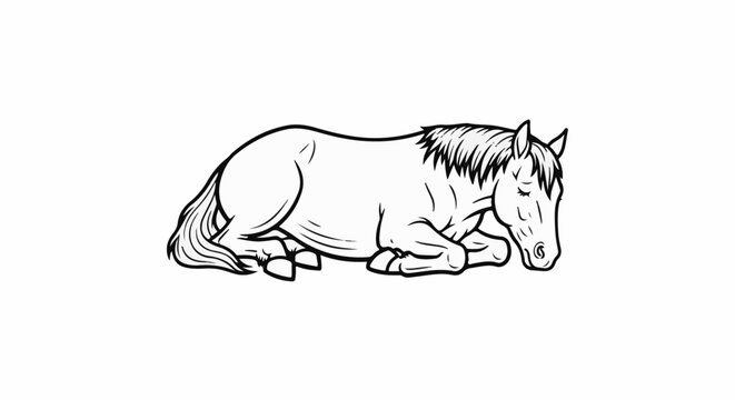 A simple black and white line drawing of a horse resting peacefully