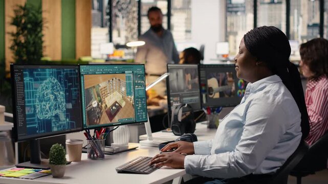 AI machine learning, architectural software optimization, black female developer, using artificial intelligence systems and remodeling program for a new apartment layout on computer.