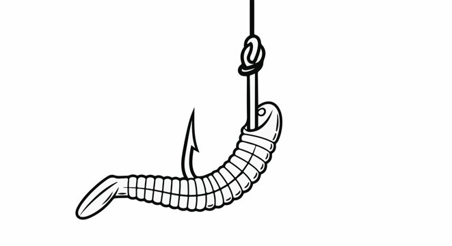 A simple line drawing shows a worm impaled on a fishing hook