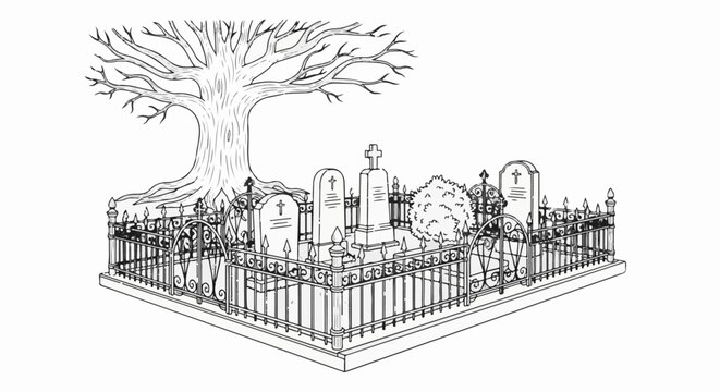 A sketch of a graveyard plot with tombstones, ornate fence, and bare tree