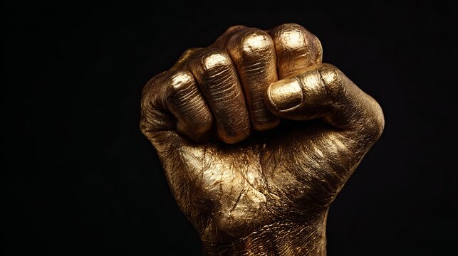 Golden clenched fist raised in a bold symbol of strength unity resistance empowerment and solidarity against a dark dramatic background conveying power determination and social justice concept
