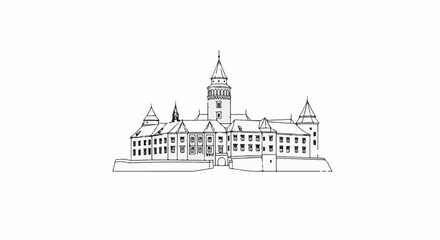 Fototapeta premium A stark black and white sketch of a grand, historic castle with multiple towers