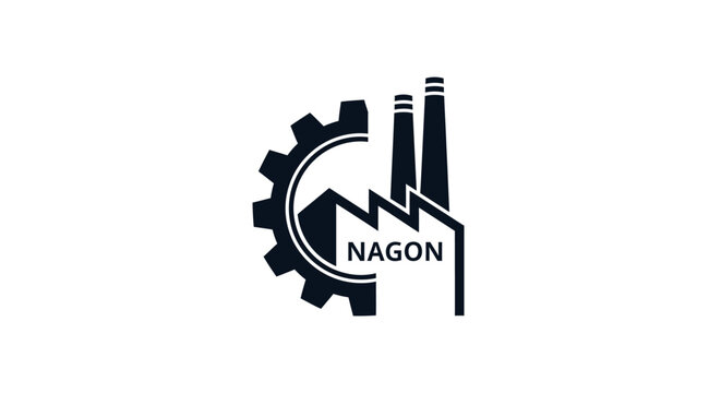 Industrial factory logo with gear and smokestacks.