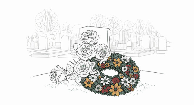 A sketched funeral wreath with roses and a headstone in a cemetery