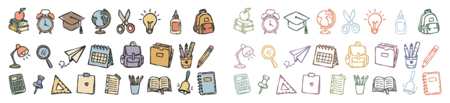 colorful and line art back to school sticker set featuring cute doodle school supplies for journaling and creative student projects