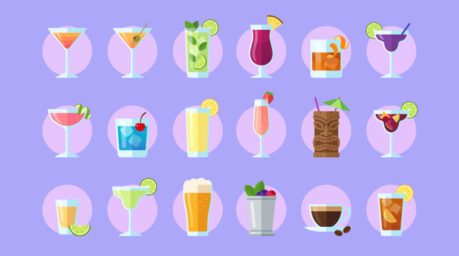 Set of colorful flat vector cocktail and beverage icons including martini margarita and tiki drinks isolated on purple background, concept for bar menu design, website and beverage promotion