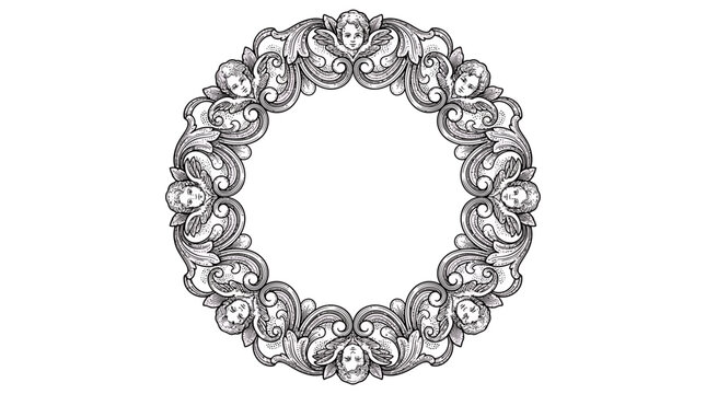 Ornate vintage circular frame with cherub faces and baroque filigree scrollwork on a white background, concept for certificate border, classical invitation design and historical book illustration