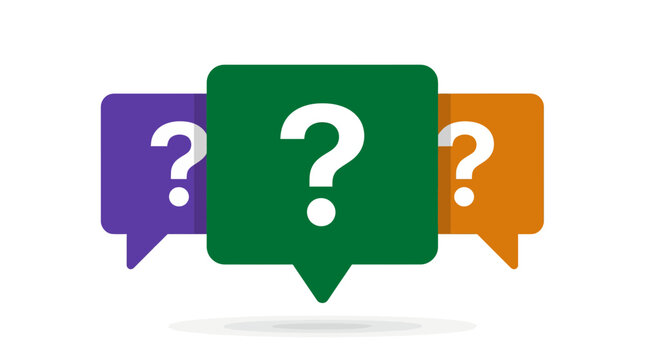 Three colorful square speech bubbles with white question mark icons isolated on white background, concept for customer support service, frequently asked questions and online user assistance