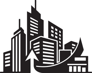 Obraz premium City skyline, urban landscape, black and white vector, modern architecture, cityscape silhouette