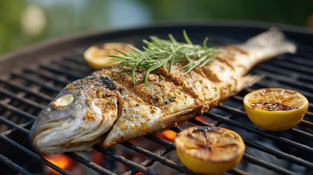 Grilled Fish Seasoned with Spices and Fresh Herbs on a Barbecue Grill Surrounded by Lemon Slices for a Flavorful Outdoor Feast