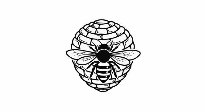 A stylized bee with striped abdomen rests on a textured, oval hive