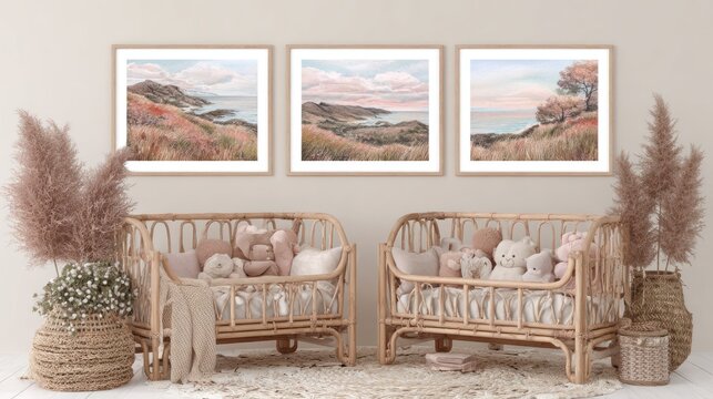 Twin nursery features matching rattan cribs beneath framed coastal landscape artwork