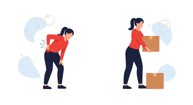 Comparison of a woman experiencing severe back pain while lifting a cardboard box versus standing with a heavy package correctly in place.