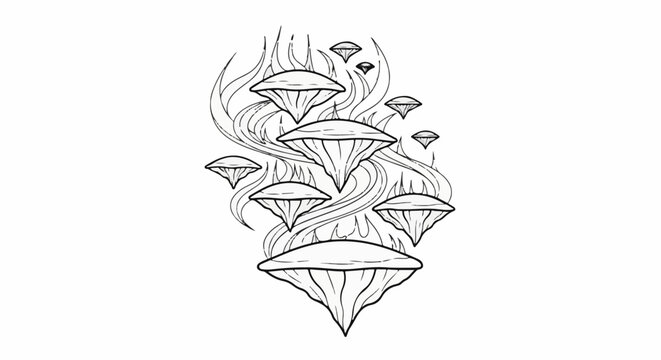 Abstract drawing of floating, inverted umbrella-like shapes with wavy lines