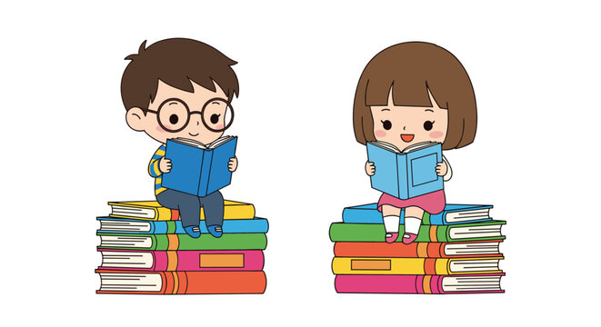 Studious boy and girl characters sitting on tall stacks of colorful books while deeply engrossed in reading their blue books together.