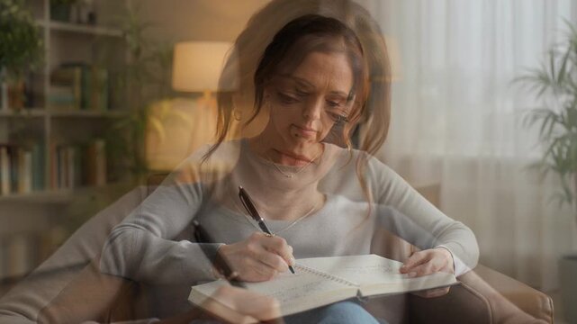 Professional Woman Writing Therapist Notes in Cozy Home Office