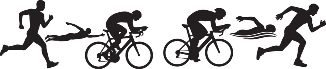 Obraz premium Triathlon Athlete Silhouette Vector Illustration – Running Swimming Cycling Sports Icon Set