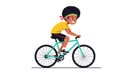 Fototapeta premium Young boy with an afro hairstyle and a colorful headband riding a green bicycle at high speed with a determined smile.