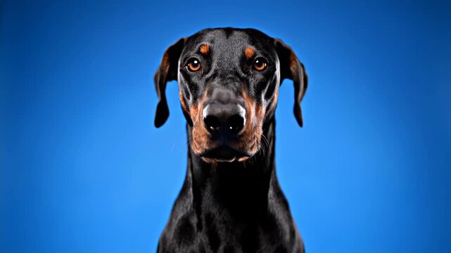 Close up of a doberman pinscher dog with black and brown fur and blue background