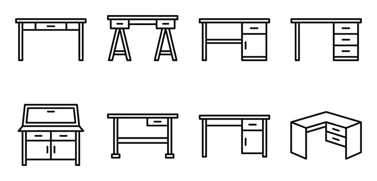 Assortment of home and office desks, furniture icons on transparent background.