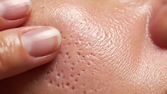 Large pore smooth skin close up healthy complexion skin texture natural skincare human face finger hydration exfoliation pore cleansing removal of dead skin cells oily facial skin detailed surface