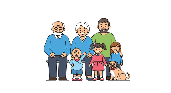 Large multi-generational family portrait featuring grandparents, parents, three children, and a pet dog sitting together.