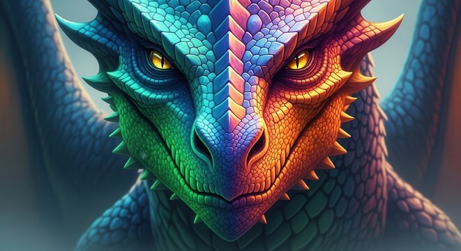 Vibrant fantasy dragon portrait with striking chromatic scales and piercing golden eyes
