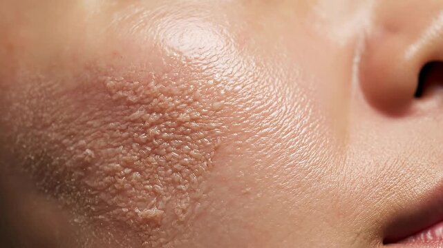 Dry skin rough texture facial closeup skin texture improvement for dehydrated flaky unhealthy epidermis, skincare for problem skin, enlarged pores, uneven surface, natural skin condition, acne scar