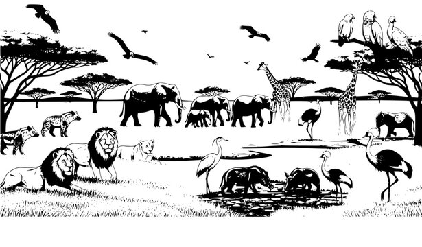 African savannah seamless landscape with wild animals lions elephant giraffe vector horizontal pattern illustration