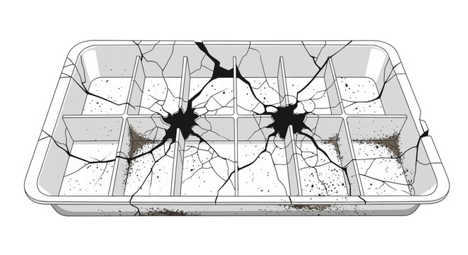 Broken white plastic tray with soil, cracked compartments, isolated on white background