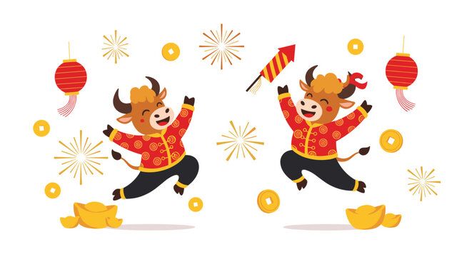 Two happy cartoon oxen wearing traditional red Chinese costumes jumping with joy among gold coins, lanterns, and firecrackers.