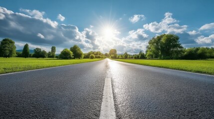 Fototapeta premium Long Straight Road Under Bright Sunlight with Lush Greenery and Dynamic Cloud Formation in a Scenic Landscape
