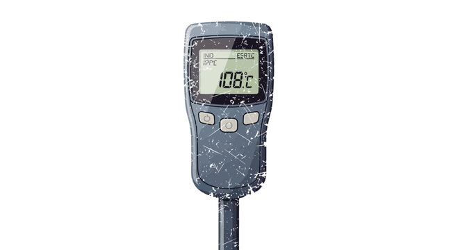 Digital thermometer showing 108 degrees Celsius with a cracked screen
